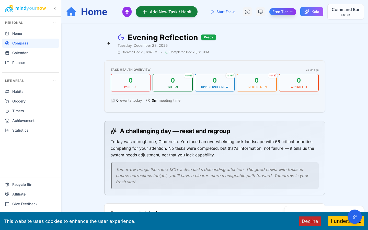 Desktop view of Kaia's personalized action plan and course corrections
