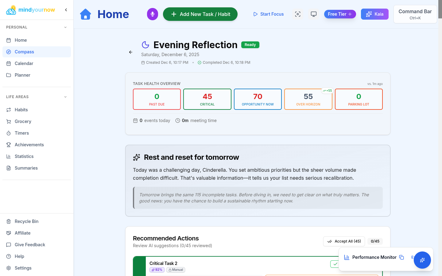 Desktop view of Kaia&#39;s personalized action plan and course corrections