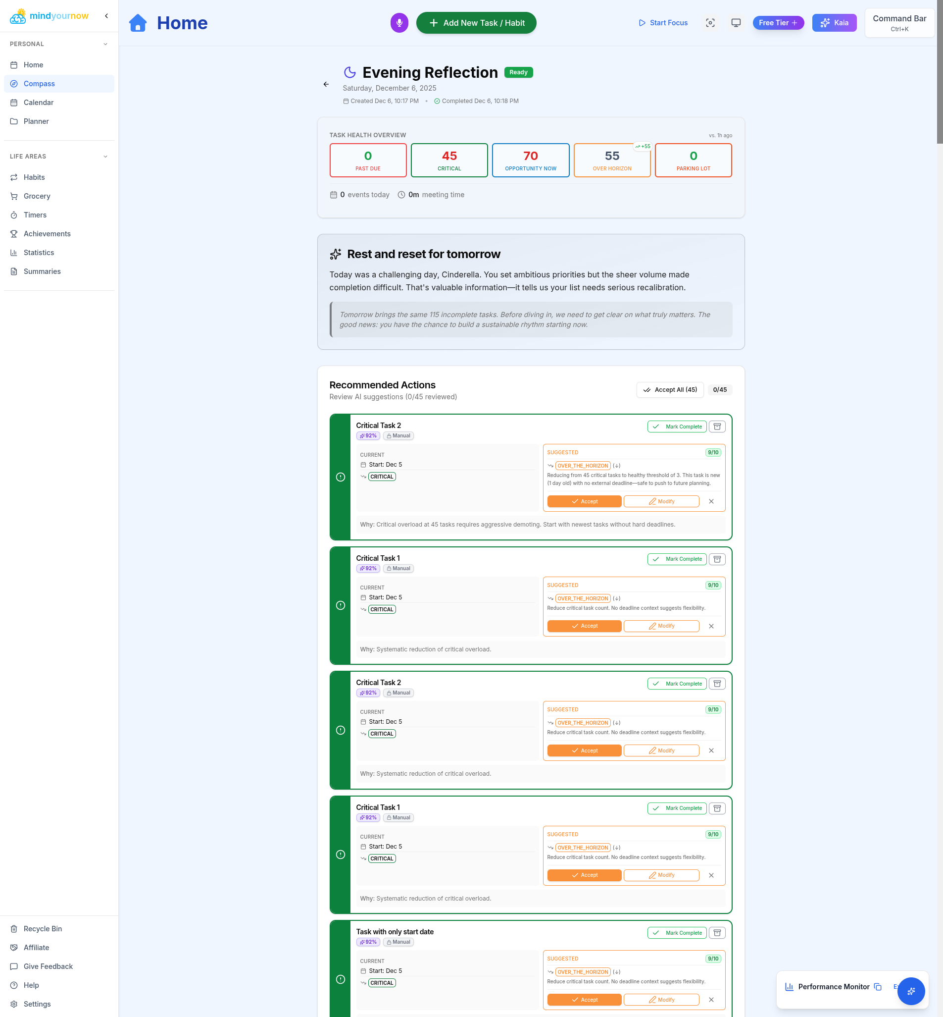Compass desktop health dashboard in dark mode showing task distribution