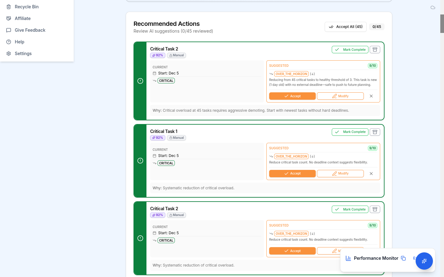 Course correction card showing confidence and impact scores