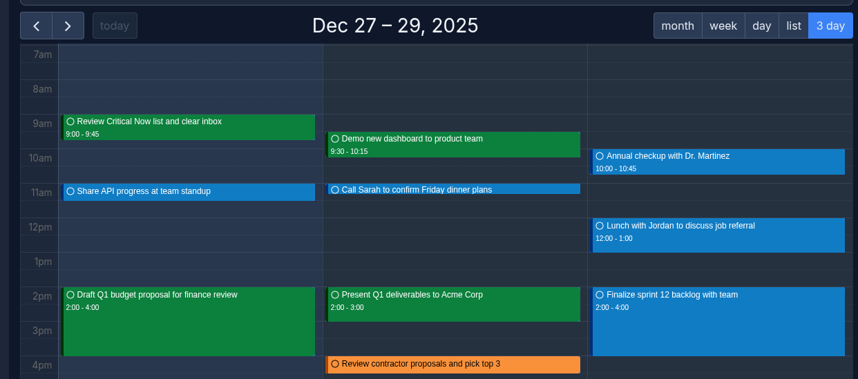 Calendar view showing Google Calendar events synced with Mind Your Now tasks